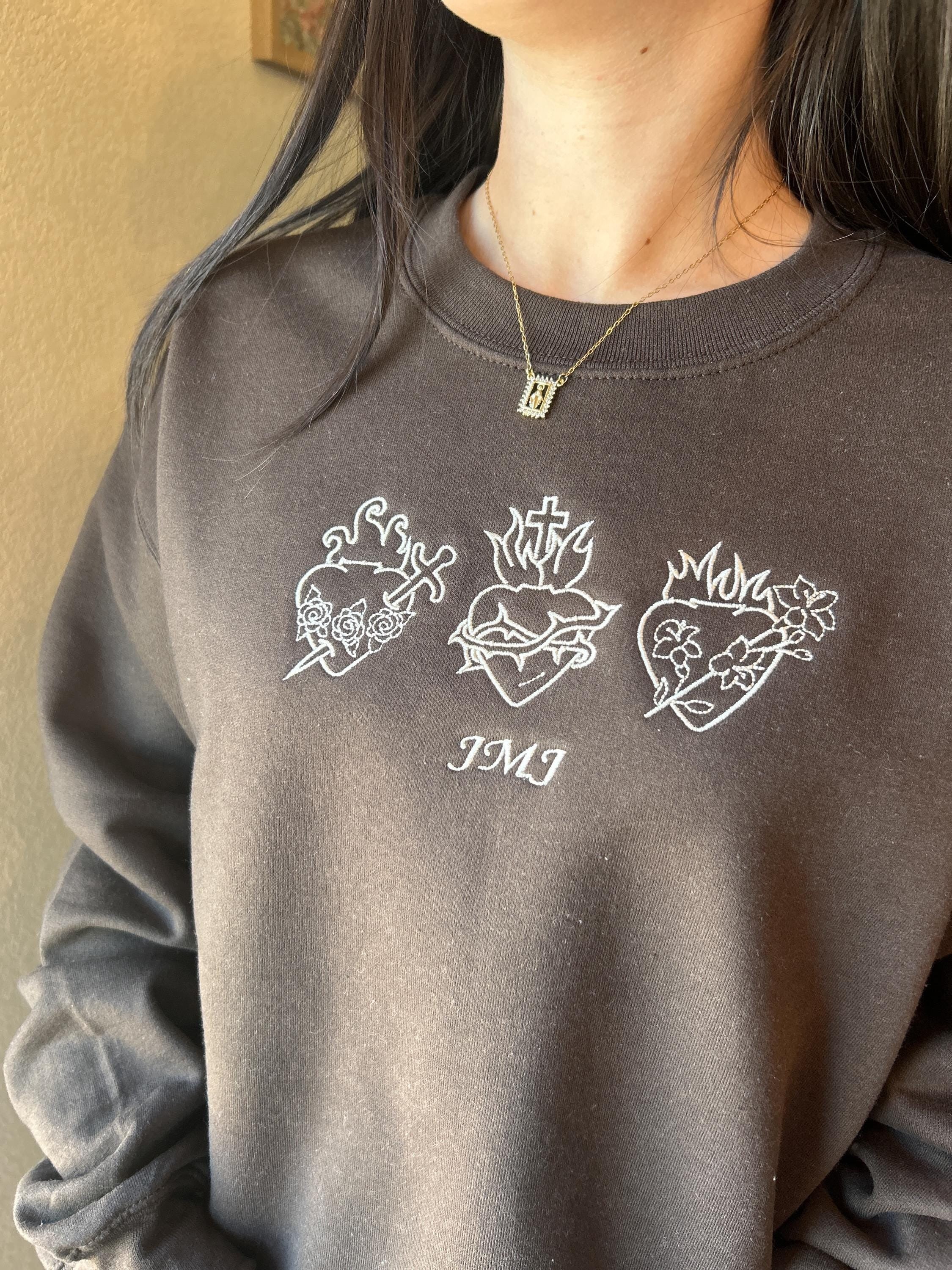 Holy Family Hearts Embroidered Sweatshirt, Sacred Heart of Jesus Embroidered Sweater, Christmas Gifts, Most Chaste Heart, Catholic Gift, Christian Apparel